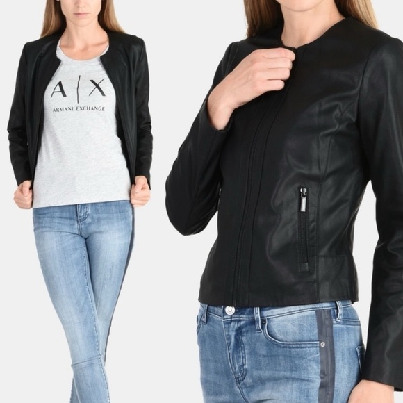 Armani Exchange Black Fitted Panelled Suede Leather Moto Jacket Biker size S - Picture 14 of 15